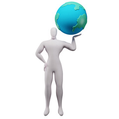 3d illustration of a stickman making the earth float with his left hand.