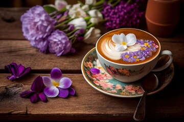 Obraz na płótnie Canvas Beautiful Cappuccino On A Wooden Table With Spring Flowers. Generative AI