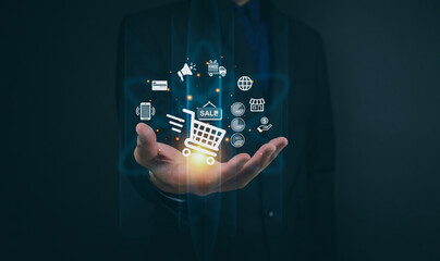 Online shopping concept, internet shopping, flash sale Getting cash back from using credit cards, discount codes, free shipping, monthly, e-commerce, men use smartphones to shop online.