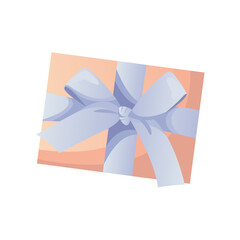 Brown gift box in wrapping paper with ribbon, blue bow. Surprise giftbox. International Women's Day, 8 March. Romantic Mother's Day design for greeting card, poster, postcard, flyer. Vector