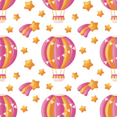 Pattern with cute pink baby’s hot air balloon with flying flags, falling star. Boho colorful aerostat for children, nursery. Baby shower invitation. It's a girl. Hello baby celebration, holiday, event