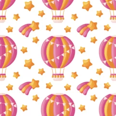 Cercles muraux Montgolfière Pattern with cute pink baby’s hot air balloon with flying flags, falling star. Boho colorful aerostat for children, nursery. Baby shower invitation. It's a girl. Hello baby celebration, holiday, event