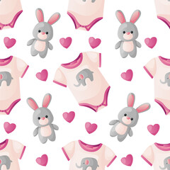 Obraz premium Pattern with cute pink baby bodysuit with elephant, heart, toy teddy bunny. Child singlet ,clothes, plush. Baby shower invitation. It's a girl. Hello baby celebration, holiday, event. Banner, flyer. 