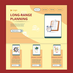 Long-range planning flat landing page website template. Marketing automation, organic content, premium content. Web banner with header, content and footer. Vector illustration.
