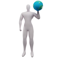 3d illustration of a stickman saving the earth by holding the earth in his left hand.