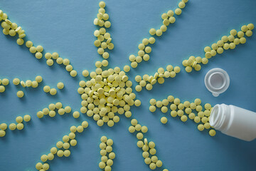 Pharmaceutical nutraceutical medicine yellow tablets spilled on blue background in sun shape