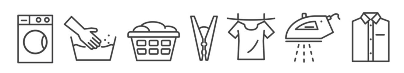 Washing laundry, peg out washing and ironing - thin line icon collection on white background