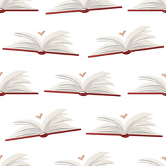 Seamless pattern with open huge book with heart. Fantasy, imagination. Bookstore, bookshop, library, book lover, bibliophile, education. Vector illustration for poster, banner, website