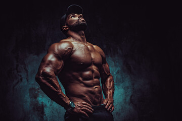 Young strong man bodybuilder in cap on wall background, dramatic colors