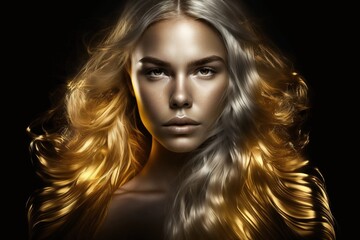 Fototapeta premium Model girl with golden make-up and long golden hair, on a black background. Golden glowing skin and flowing hair. art portrait, Generative AI