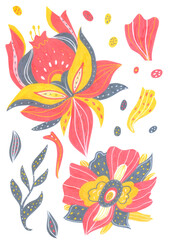 Patterns of flowers and leaves stylized painted with acrylic on white paper