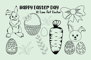 Easter coloring pages cute cartoon hand drawing easter vector bunnies, flowers, easter eggs, cupcakes, baskets, chicken, carrots,  vector