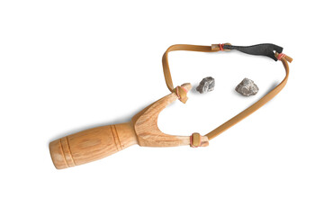 Homemade slingshot or catapult, playing tool for kid on white background.