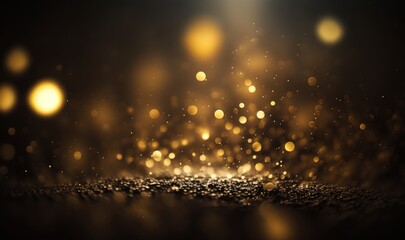 Golden shiny abstract background with blurred lights sprinkles, bokeh. Night, dark, party background. AI image