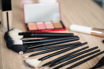 Decorative cosmetics makeup set on wood table. Set of luxury makeup product background