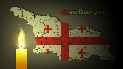 Vector political poster. The inscription, Save Georgia. Map and flag of Sakartvelo in cracks. A brightly burning wax candle.