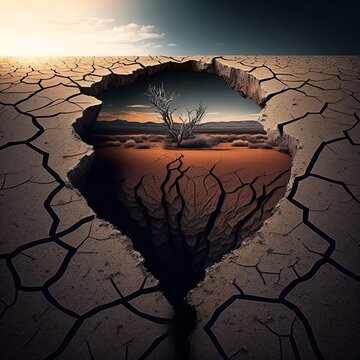 Cracked Ground Landscape In Desert Dimensional With A Lake At Sunset Mountains In Background Tree Earthquake Wind Turbine From A Special Point Of View   Drought Nature Hill Rock Horizon Generative AI 