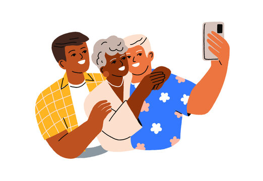 Senior old mother, adult sons, taking selfie photo with mobile phone. Happy elderly mom and grownup children. Family, young and aged generations. Flat vector illustration isolated on white background