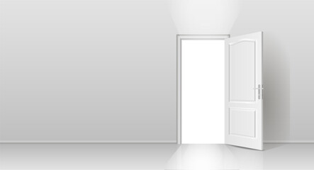 The interior of an empty room with a white wall and an open door. Free space for copying, 3d image.