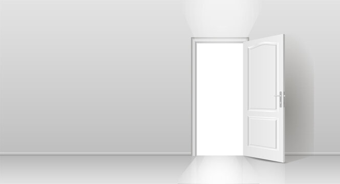 The interior of an empty room with a white wall and an open door. Free space for copying, 3d image.