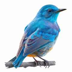 isolated painted sitting blue bird on branch with white background black eyes beak listens little tit thick cute portrait watercolor thrush Generative AI 