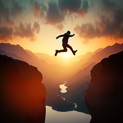 Man jumping over precipice between two mountains at sunset in joy funny a particularly happy state of mind you can do it impossible shadow silhouette woow energy action big fantasy Generative AI