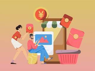 Festive Shopping E-Commerce Online Shopping People Flat Vector Concept Operation Hand Drawn Illustration
