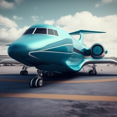 blue modern passenger plane the runway directly fly travel vacation engine window clouds rolls pilot landing airport security pavement close-up iron metal paved airstrip polishing wings Generative AI
