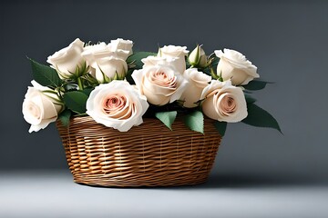 white roses in a basket.