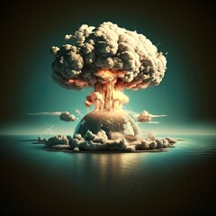 Nuclear explosion the sea. Atom bomb fire and cloud exploding. Photorealistic illustration in the middle of the sea, volcanic eruption, mushroom-shaped ocean water bumm lava smoke Generative AI
