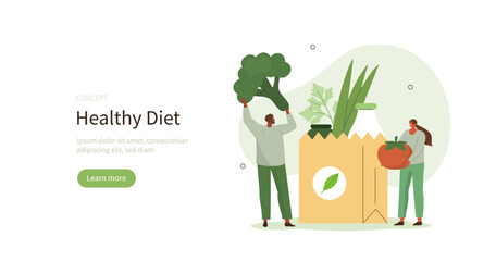 Grocery store. Characters standing near shopping bag filled with healthy, plant-based grocery food items. Healthy eating and vegan diet concept. Vector illustration.