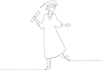 A woman celebrates her graduation by dancing. Graduation one-line drawing