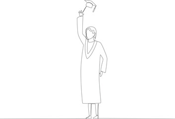 A woman celebrates his graduation by throwing a cap. Graduation on- line drawing