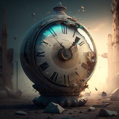 time is over no wall clock with Roman numerals brown and black hour hand with background time ornate time copper bronze old stylish antique sand glass broken explodes flows down minute  Generative AI 