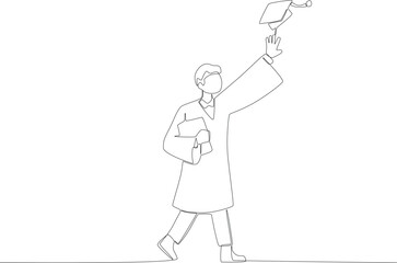 A man holding a certificate while throwing a hat. Graduation one-line drawing