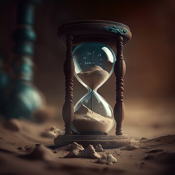 time is over no wall clock with Roman numerals brown and black hour hand with background time ornate time copper bronze old stylish antique sand glass broken explodes flows down minute  Generative AI 