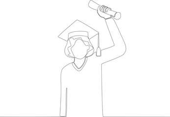 A woman with short hair graduated with the best grades. Graduation one-line drawing