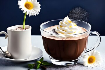 Artistic Beautiful Romance Hot Chocolate With Whipped Cream Beverage Serve In Glass With Daisy Flowers, Idea For Background Or Wallpaper. Generative AI