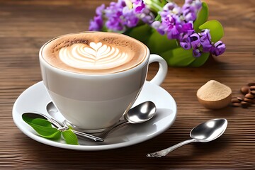 Beautiful Cappuccino On A Wooden Table With Spring Flowers. Generative AI