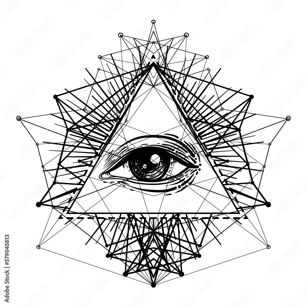 Wall mural Blackwork tattoo flash. Eye of Providence. Masonic symbol. All seeing eye inside triangle pyramid. New World Order. Sacred geometry, religion, spirituality, occultism. Isolated vector illustration.