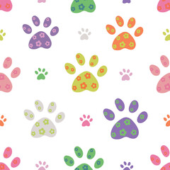 Colorful paw print with flowers seamless fabric design pattern