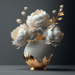 White blossoming peonies porcelain gold vase stand table against dark background