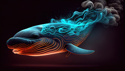 View of a neon whale illustration. Generative AI. 