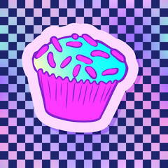 Cupcake. Vector illustration over chequer pattern background. Pin, patch design.