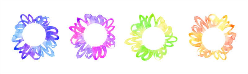 Watercolor stains, radial scribbles vector round frames set, collection. Circle, ring, floral shape, doodle chaotic hand drawn watercolour abstract text, border templates, brush drawn backgrounds. 