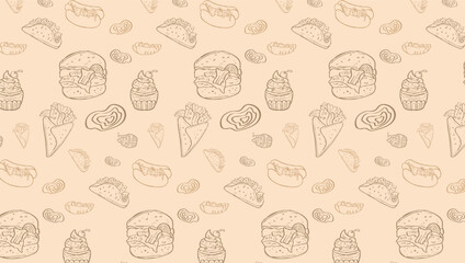 Fast Food Related Seamless Pattern and Background with Line Icons. Editable Stroke Junk Food Related Seamless Pattern and Background