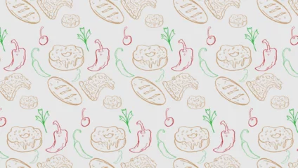 Fotobehang Fast Food Related Seamless Pattern and Background with Line Icons. Editable Stroke Junk Food Related Seamless Pattern and Background © Setia69