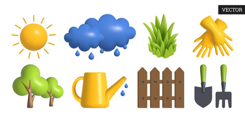 Set of spring 3d vector icons in cartoon style. Gardening tools, wooden fence, watering can, trees, rubber gloves, grass, clouds with drops and sun. Design elements. Vector illustration.
