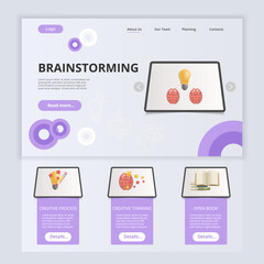 Brainstorming flat landing page website template. Creative process, creative thinking, open book. Web banner with header, content and footer. Vector illustration.