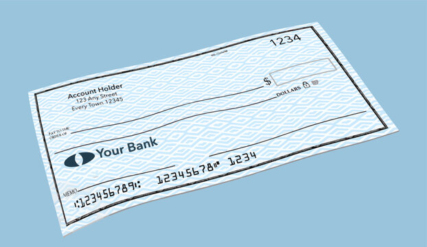 A generic, mock, personal bank check is seen in a vector illustration.